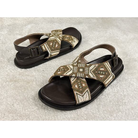Free People Sandals Women's Sz 8 Brown Leather Beaded Boho Flats Slides - Picture 1 of 6